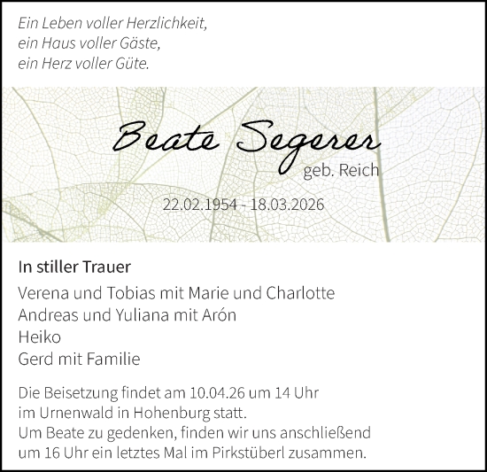 Beate Segerer Traueranzeige